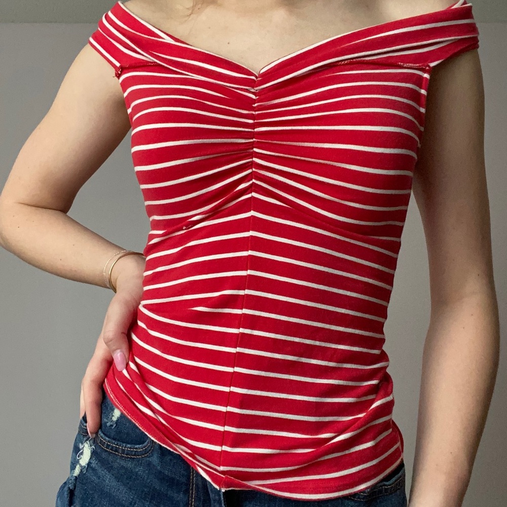 Red and white stripped off the shoulder top